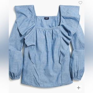 J crew factory denim‎ Chambray squareneck ruffle top in vista blue wash size XS